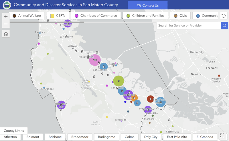 A screenshot of the Community and Disaster Services map for San Mateo County. 