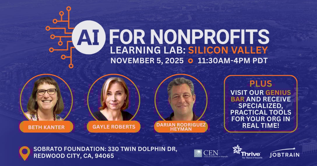 Banner for event picturing Beth Kanter, Gayle Roberts, and Darian Rodriguez Heyman.